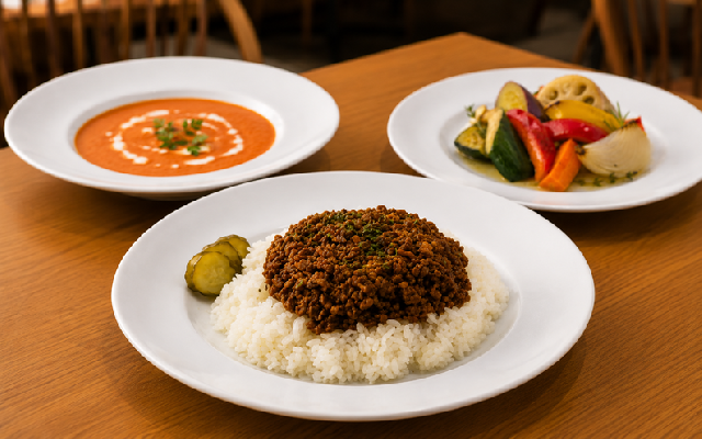 褒められ洋食「洋食屋のドライカレー、 冷製トマトクリームスープ、焼き野菜のピクルス」