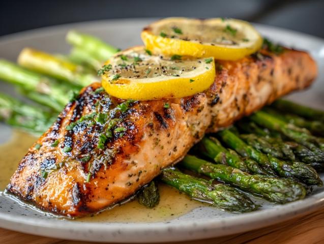 褒められ洋食「サーモンバター、 冷製アスパラスープ 新じゃがのジャーマンポテト」