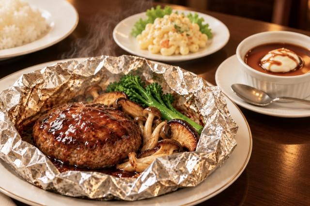 褒められ洋食「包み焼きハンバーグ、マカロニサラダ、カスタードプリン」